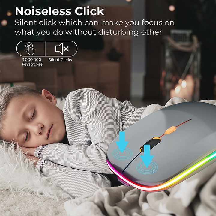 Mouse wireless, dual-mode, 800/1200/1600 DPI, cu iluminare din spate LED, dimensiuni 58x26x112mm, gri