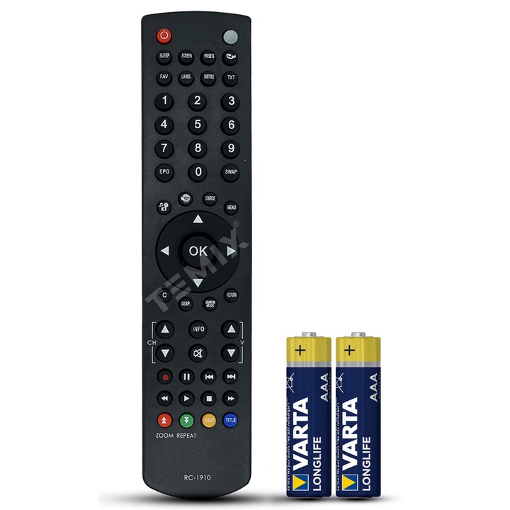 Telecomanda compatibila Wellington, WL19HD14B, WL22FHD12B, WL22FHD14B, WL26HD13B, WL26HD14B, WLMS32HD14G, TEMIX®, neagra, baterii incluse