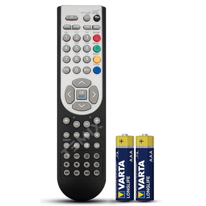 Telecomanda compatibila Wellington, WP19B11BU, WL22FHD12B, WL26HD11BU, WP40FHD12B, TEMIX®, neagra, baterii incluse