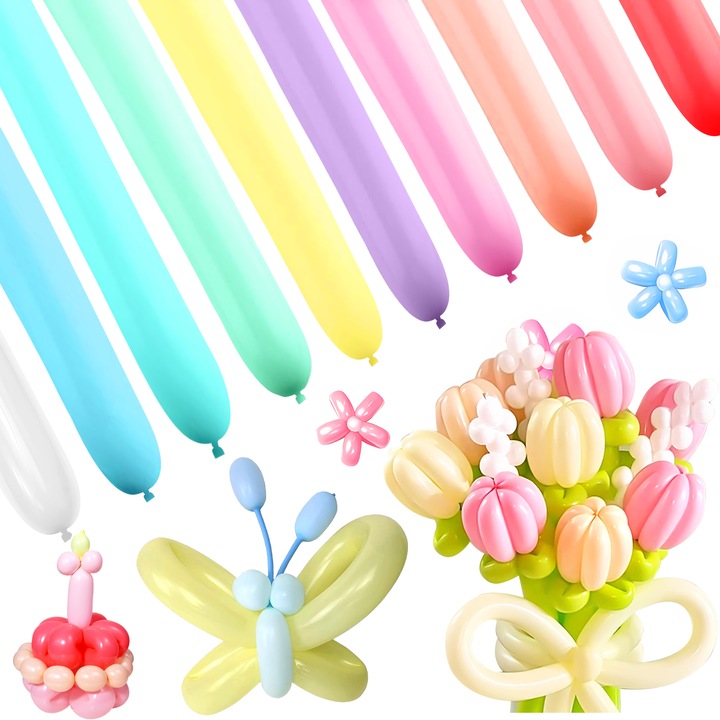 Комплект 100 дълги балона, цветни латексови балони, усукващи се балони, магически дълги балони, висококачествен латекс, дължина 127 см, подходящи за Свети Валентин, карнавал, сватба, фестивал и др., многоцветни