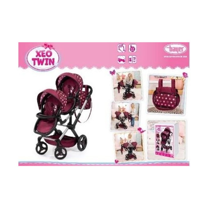 Carucior pentru papusi Bayer Design Xeo Twin, 80x35x76.5 cm, 2 locuri, reglabil, pentru papusi de pana la 46 cm