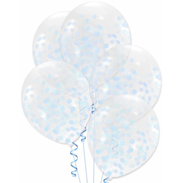 Balon cu confetti, PARTYPAL, 30 cm, set 5 bucati, transparent cu confetti blekiten.