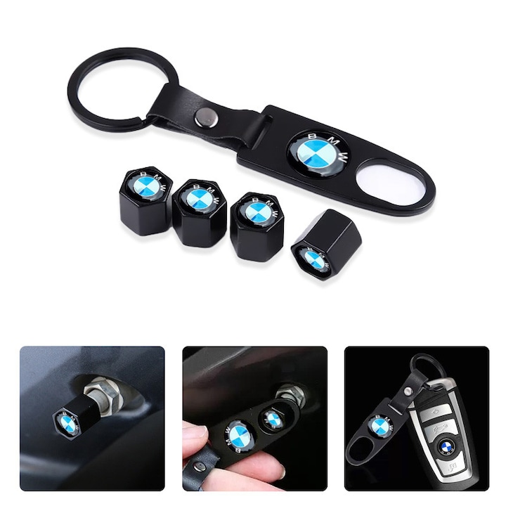 Set BMW negru – 4 capace valva (alamă cromată) + breloc din piele, protecție praf/apă, compatibil universal, cadou card odorizant