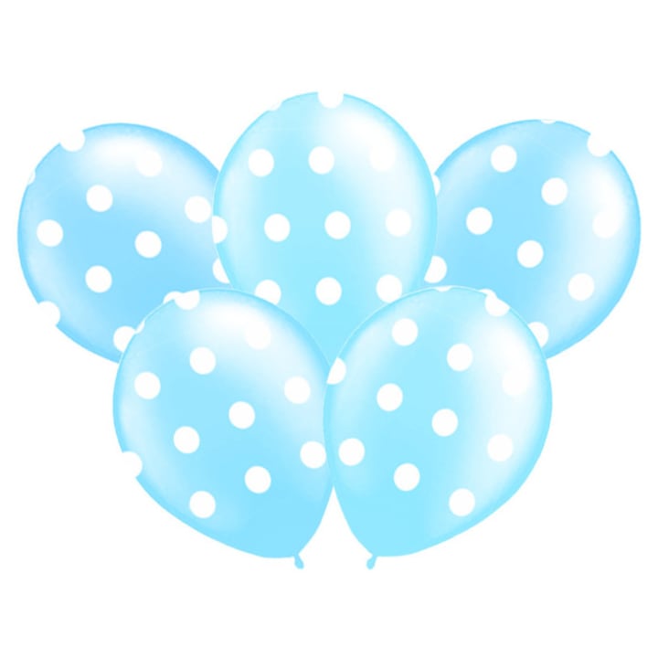 Латексови балони 14" с бели точки, комплект 5 броя, PartyPro, светлосини