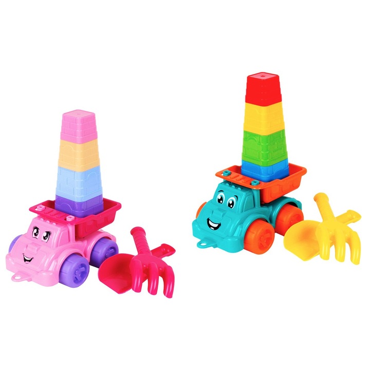 Комплект за игра с пясък, ТехноК, самосвал, 4 формички, лопата, гребло, 20x14x13см