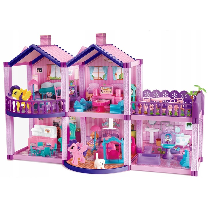 MalPlay babaház, Villa Sogno modell, 6 szoba, 57x39x22cm, terasszal és 2 pónival