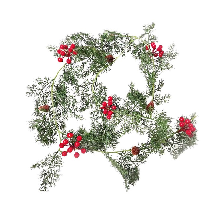 Ghirlanda artificiala de Craciun, realistica pin si cedru, cu fructe decorative rosii si conuri, cu 20 LED alimentate pe baterii, moduri flash si stabil, Verde/rosu, 1,75 m