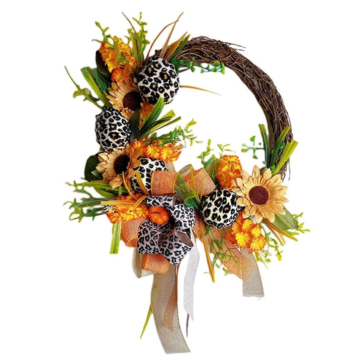 Coronita decorativa de toamna, ghirlanda de usa, facuta manual, cu flori din matase sintetica si elemente din plastic lucios, cu dovleac mic si frunze de artar, multicolor, 45 cm, 1 buc