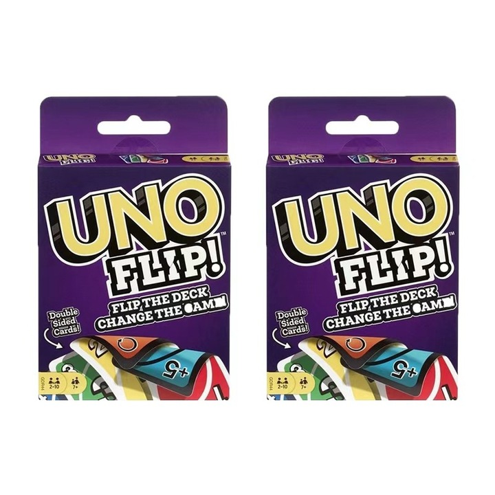Joc de societate Uno Flip, 112 carti, dimensiuni 9x2x14.5cm, set pentru familie si prieteni