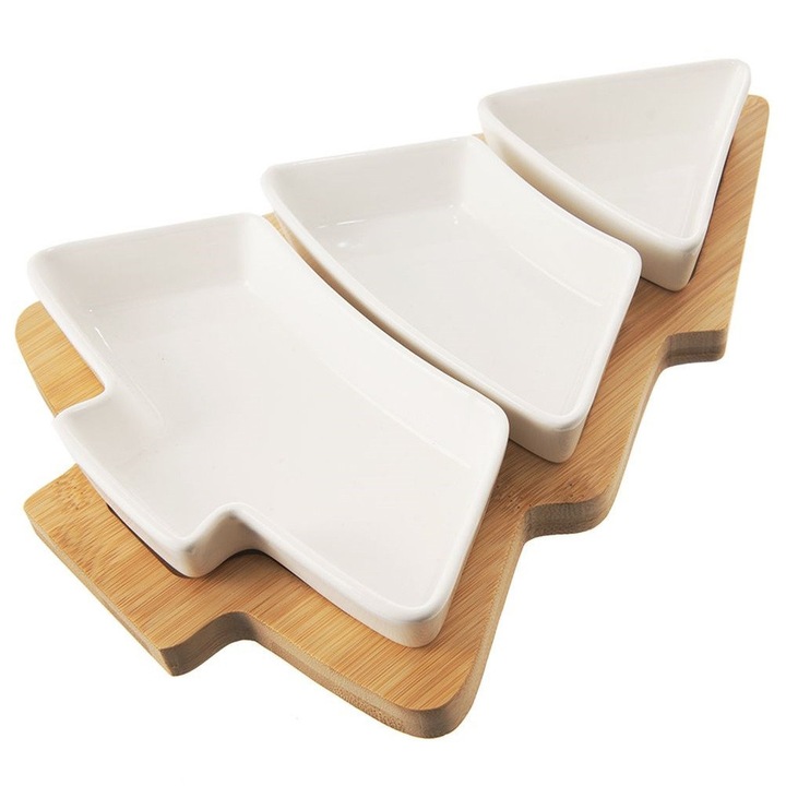 Set de 3 farfurii cu tava din bambus in forma de brad, Artemis, alb, 28x20x4cm