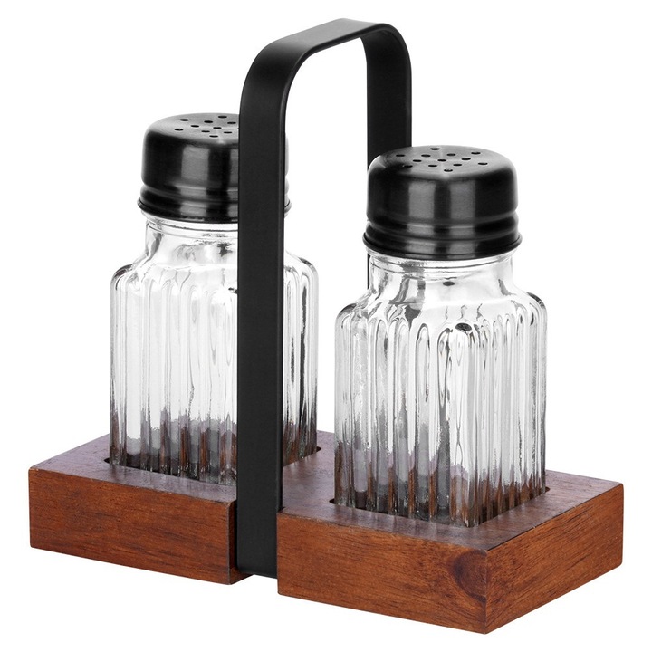 Set solnica si piperiera cu suport, Vilde, sticla transparenta, 3,5x3,5x9cm, 60ml