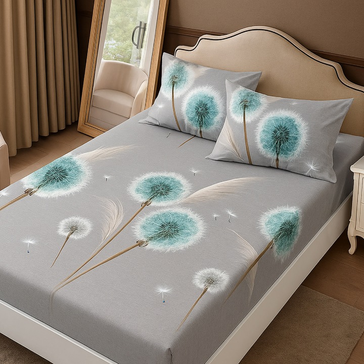 Set husa/cearceaf cu elastic Finet Gros NufJoy® pentru saltea 160x200 cm si 2 fete perna 50x70 cm Dandelion