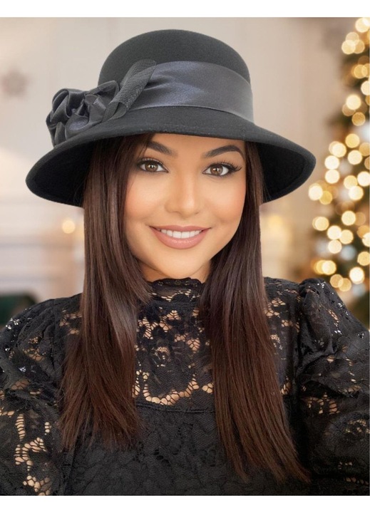 Palarie dama lux Confortino Venetia Chic – Fetru italian 100% lana, Palarie Neaga (NEGRU), marime unica, reglabila – Fabricata in Romania