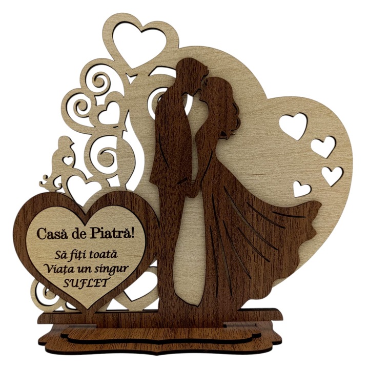 Decoratiune eleganta din lemn pentru Miri – Silueta miri si inima cu mesaj gravat – 22 cm
