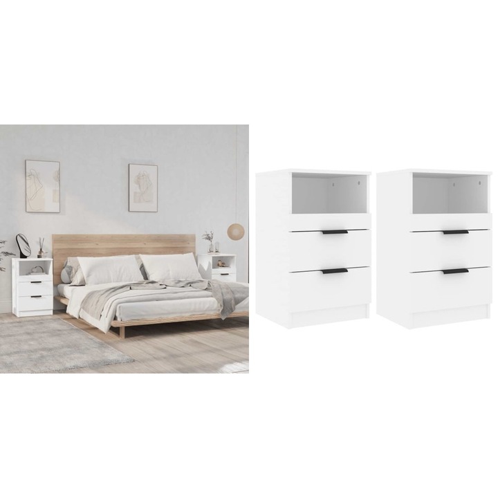 Noptiere, 2 buc., alb, lemn prelucrat