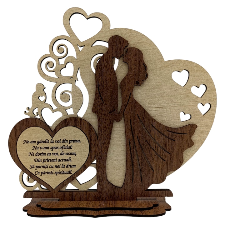 Decoratiune eleganta din lemn pentru Cerere Nasi – Silueta miri si inima cu mesaj gravat – 22 cm