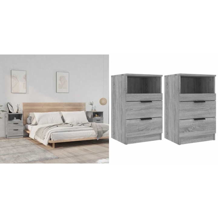 Noptiere, 2 buc., gri sonoma, lemn prelucrat