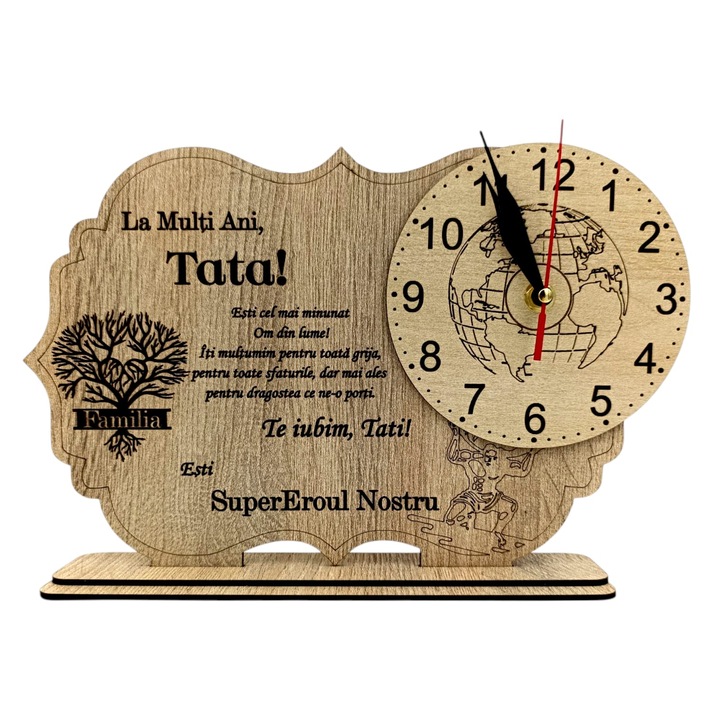 Ceas decorativ din lemn – Cadou pentru Tata, model 3 – Design Super Erou cu mesaj emotionant – 30 cm