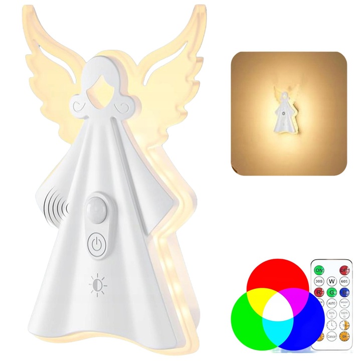 Lampa de veghe copii, design inger, RGB LED, senzor de miscare, acumulator, 10,8x16cm