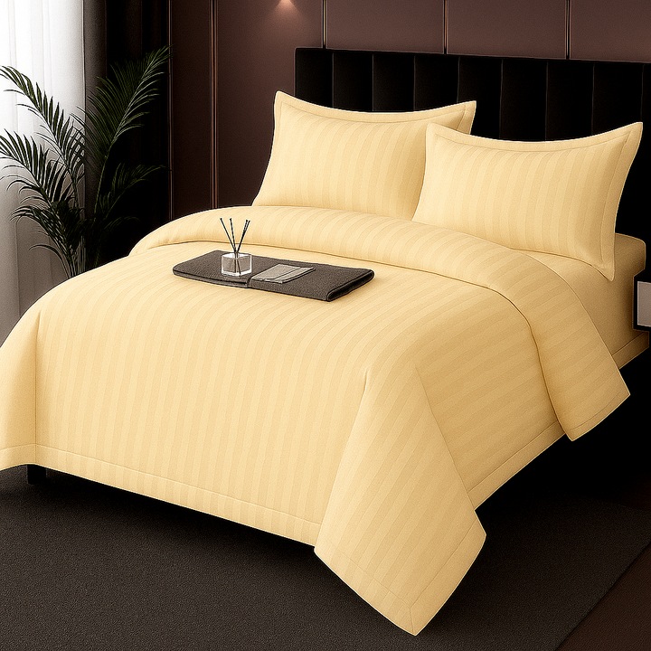 NufJoy® Dupla Ágyneműhuzat Szett, DAMASZT Polycotton, 4 részes, lepedő 230x250, paplanhuzat 200x230 cm, 2 párnahuzat 50x70 cm, Pasztell sárga