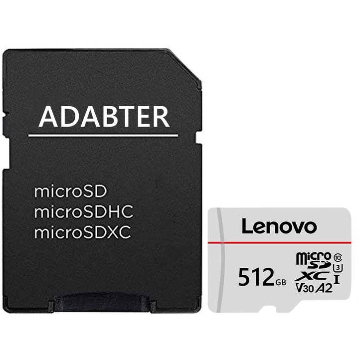 Карта памет MicroSDXC Lenovo 512GB, UHS-I U3 A2 V30, 100MB/s, с SD адаптер, за смартфон, таблети, дронове, камери