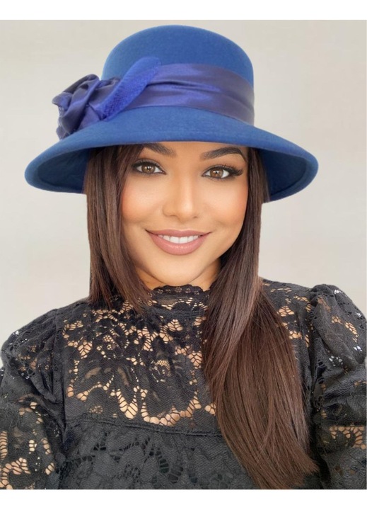 Palarie dama lux Confortino Venetia Chic – Fetru italian 100% lana, Palarie Albastra (Albastru), marime unica, reglabila – Fabricata in Romania