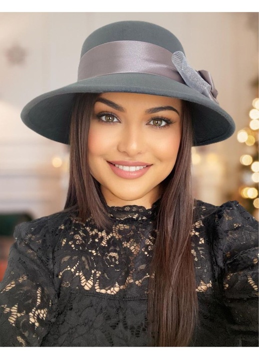 Palarie dama lux Confortino Venetia Chic – Fetru italian 100% lana, Palarie Gri (Gri inchis), marime unica, reglabila – Fabricata in Romania