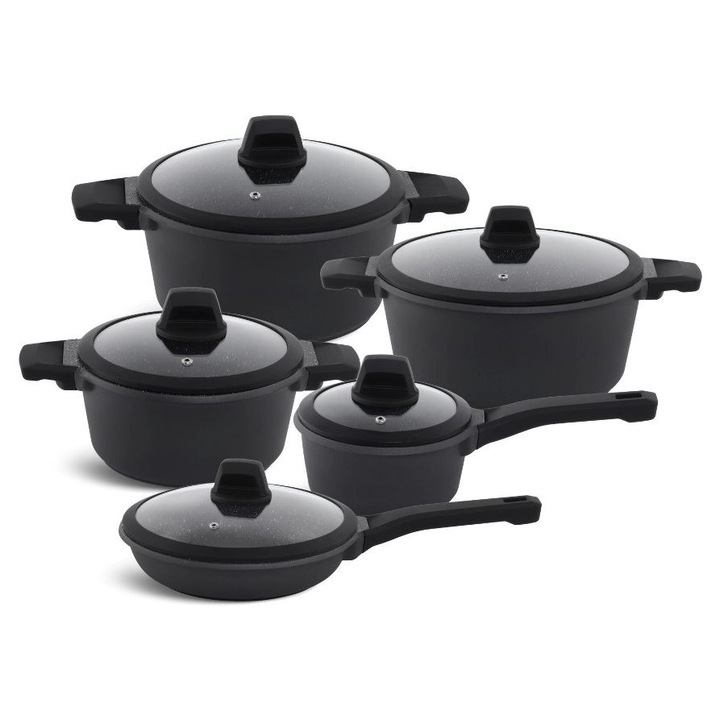 Set de 10 vase antiaderente din aluminiu negru, turnat sub presiune, EB-5649 [CLONE]