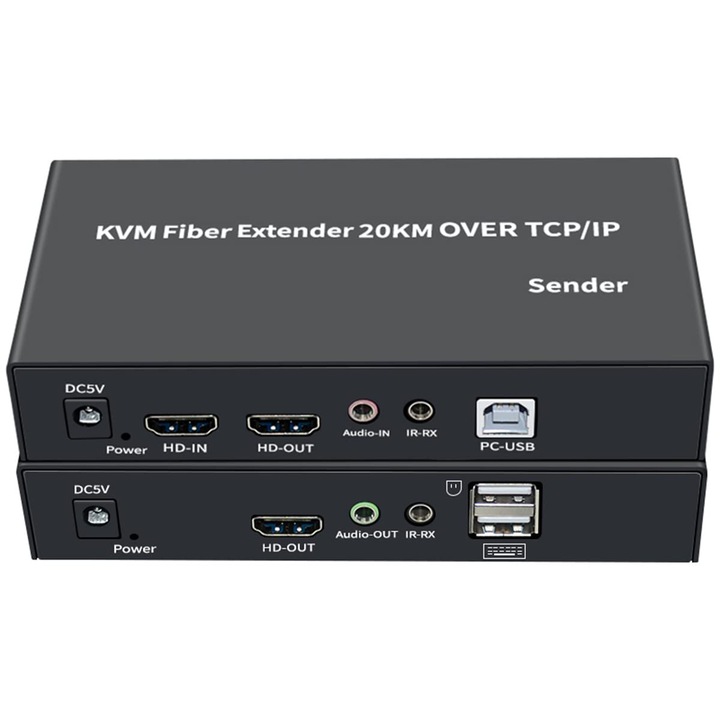 Extender KVM HDMI + USB pe fibra optica 20 km, Full HD 1080p, audio, Plug and Play