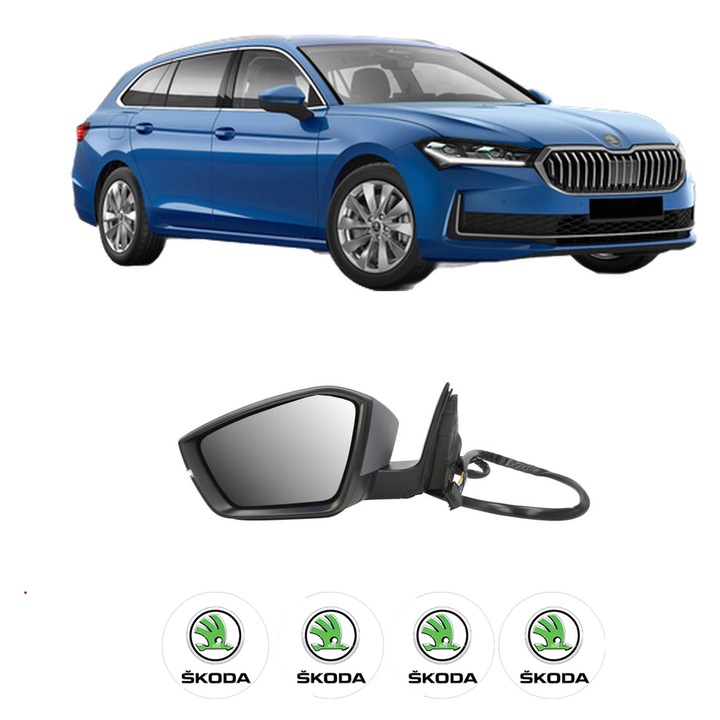 Oglinda Completa Stanga SKODA SUPERB din 2001-2023, auto, Reglaj Electric, 4 stickere auto cu SKODA