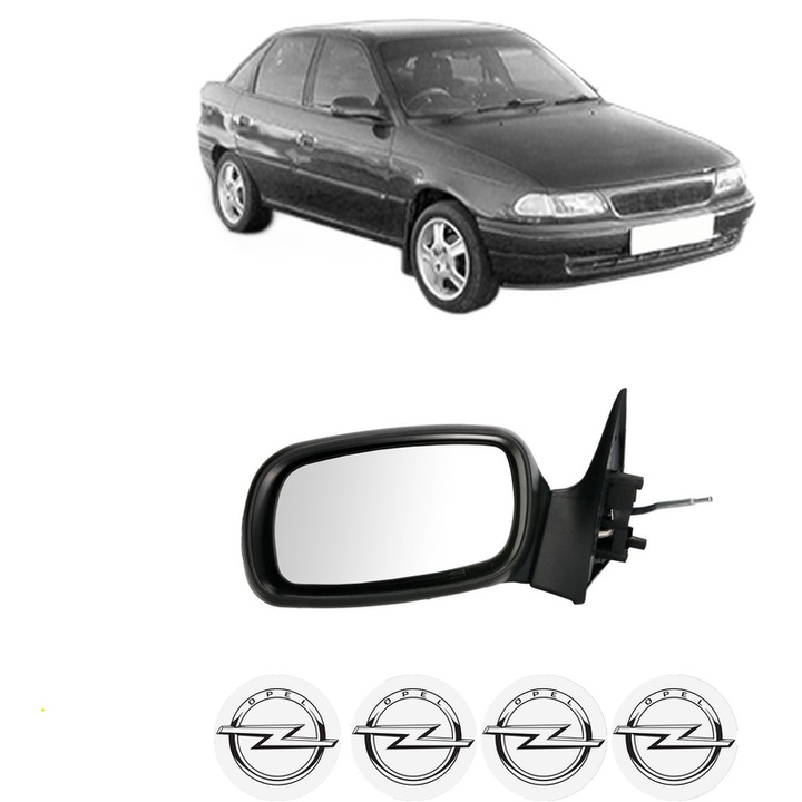 Oglinda Completa Stanga OPEL ASTRA din 1991-2022, auto, Reglaj Mecanic, 4 stickere auto cu marca OPEL