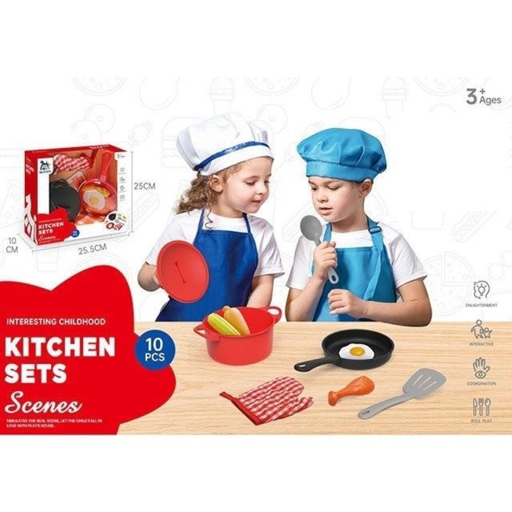 10 részes edénykészlet, ICOM, gyerek konyhákhoz, tartalmaz egy fedős lábast, serpenyőt, kesztyűt, répát, kukoricát és tükörtojást.