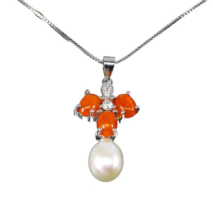 Colier, opale portocalii naturale, perle, Songea, 46cm