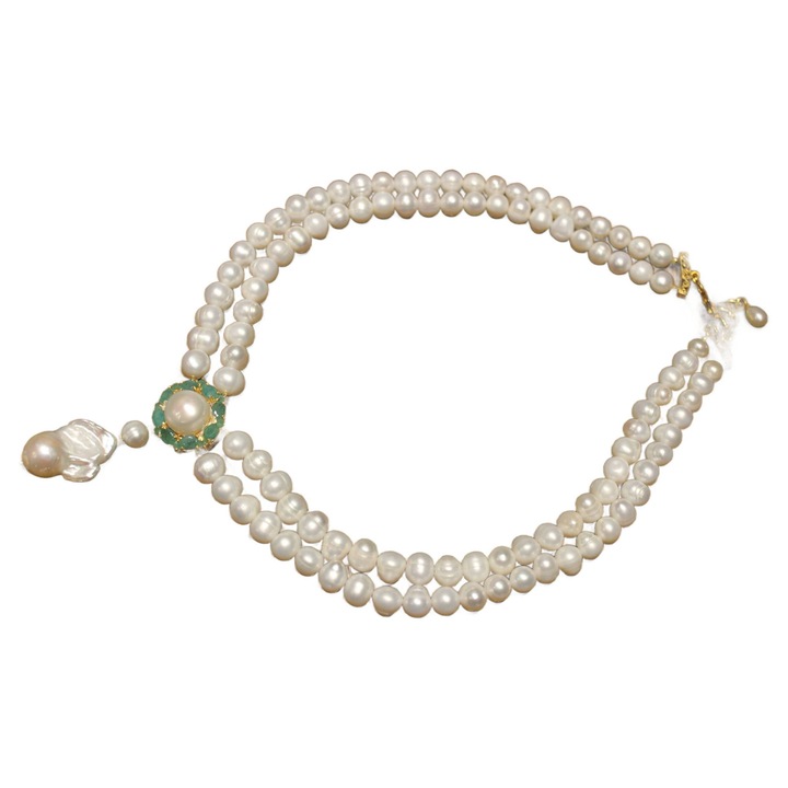 Colier, argint 925, perle naturale si smaralde, 42-45cm, 400x65mm