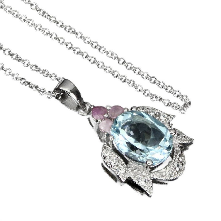 Colier, Songea, argint 925, rubine si topaz, 45.72 cm, 24x15mm