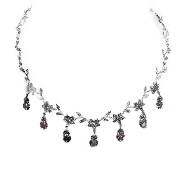 Colier, argint 925 cu smaralde, rubine, safire, 46cm, Songea