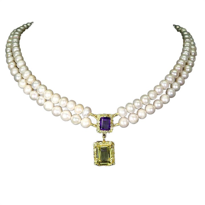 Colier, argint 925, Songea, perle, ametist, 46cm