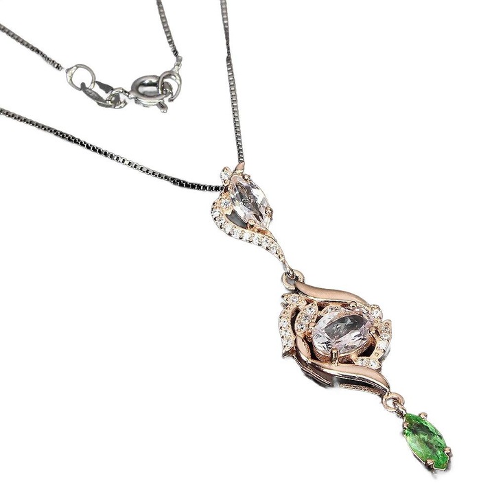 Colier argint 925 cu morganite, tsavorit si zirconii, 46cm