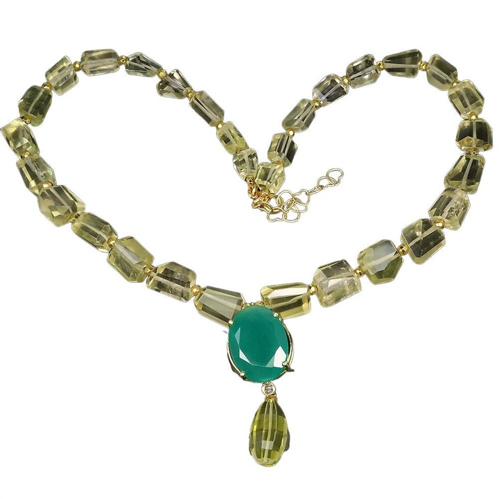 Colier din argint 925 cu aventurin natural si cuart lamaie, Songea, 47 cm