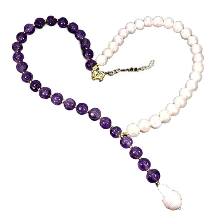 Colier Songea, argint 925, perle naturale si ametist, 44.45cm