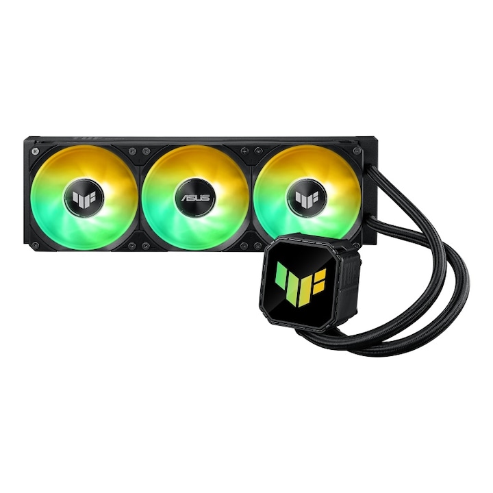 Охладител за процесор ASUS TUF GAMING LC III 360 ARGB ЧЕРЕН, размер на радиатора 397мм, 3x120мм, скорост на вентилаторите 650-2600 RPM +/- 10%, Поддръжка AMD: AM5 AM4, поддръжка INTEL: LGA 1851/1700/1200