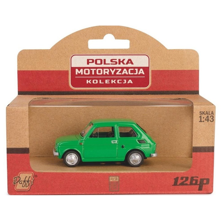 DAFFI Fiat 126p autómodell, fémből, műanyag elemekkel, zöld, 1:43