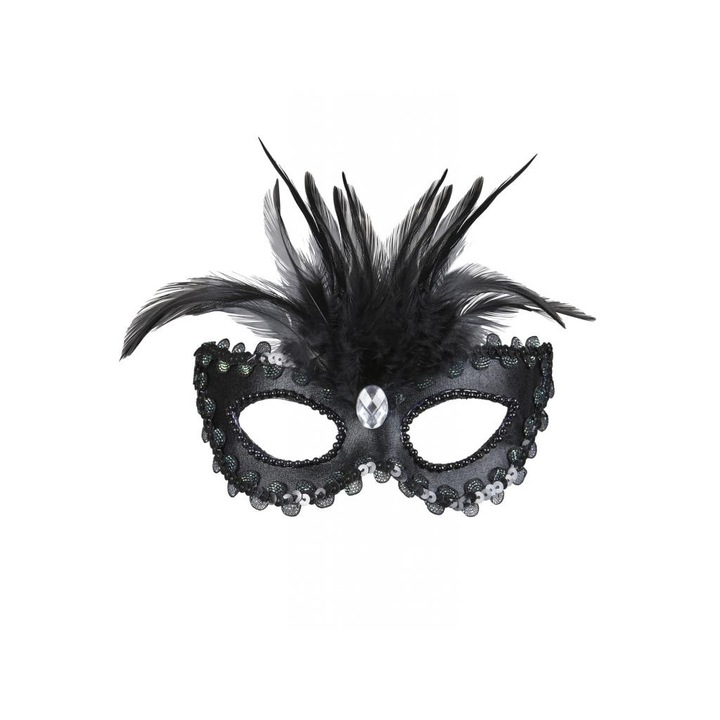 Fekete velencei szemmaszk, flitterrel, ékkővel és tolldísszel