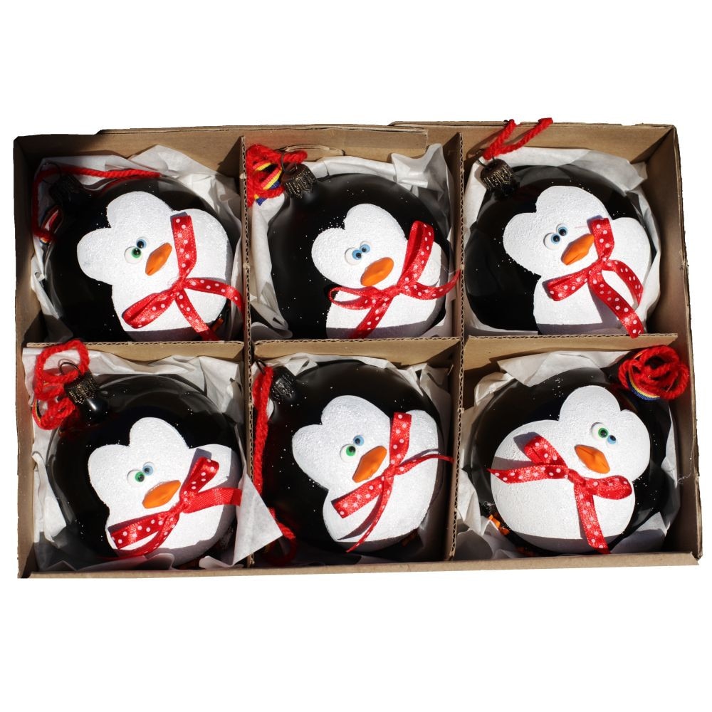 Set 6 globuri pentru brad lucrate manual din sticla in forma de pinguin, globuri Craciun 8 cm