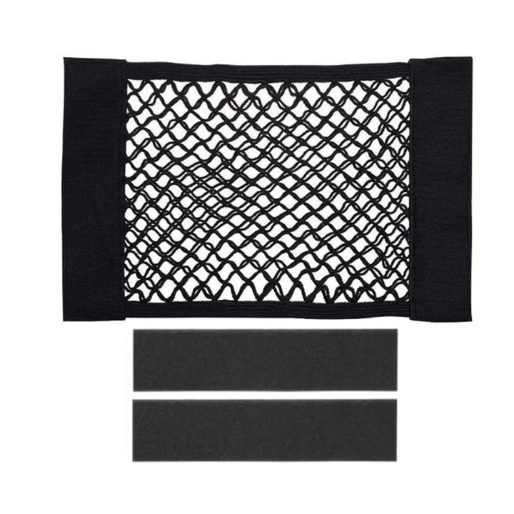 Organizator elastic pentru portbagaj auto Kosiil, 40x25cm, negru, cu benzi autoadezive