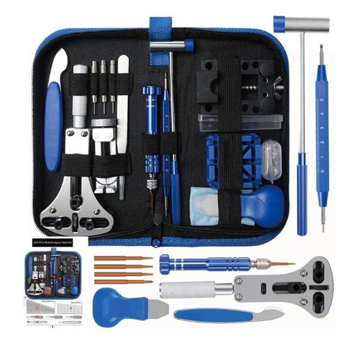 Set unelte de reparat ceasuri, Kosiil, 188 piese, inclusiv instrumente pentru inlocuirea bateriei si indepartarea bratarii, cu geanta de transport, plastic/inox, albastru/silver