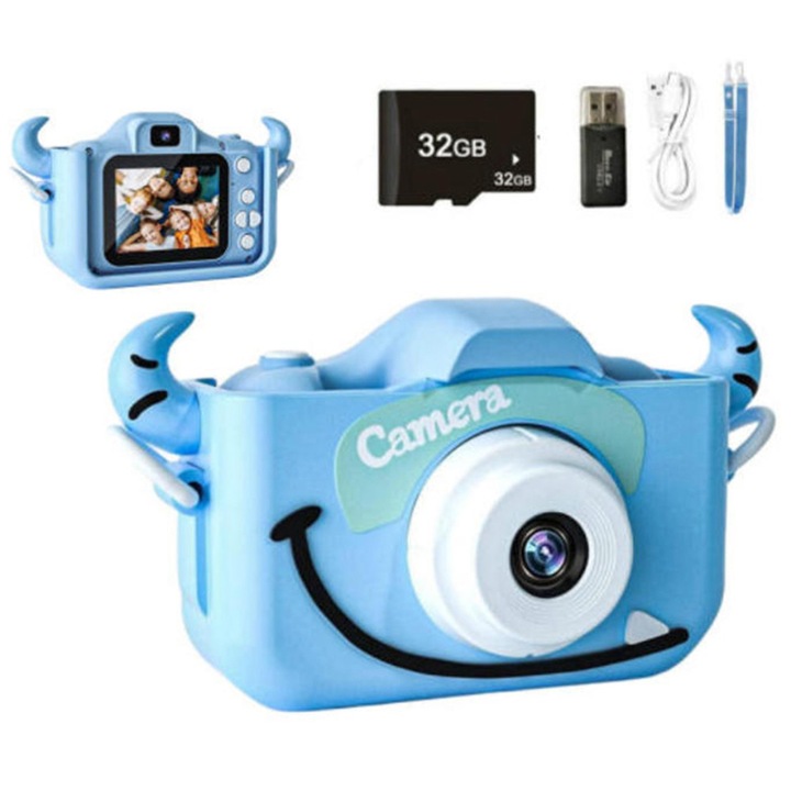 Детска дигитална камера, Kosiil, 32GB TF карта, USB зареждане, 28 забавни рамки, 6 филтъра, синя, 3-12 години