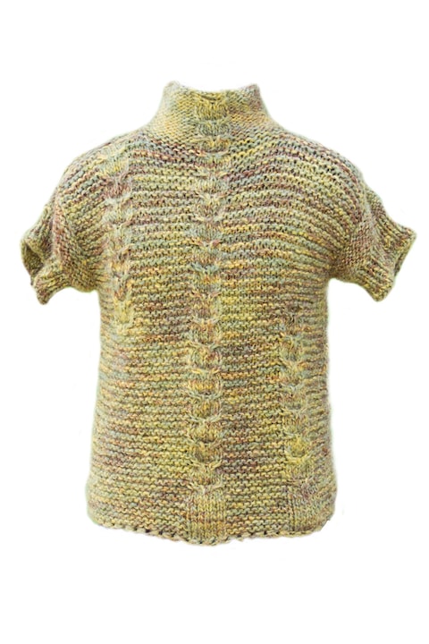 Pulover pentru femei, tricotat manual, cu maneci scurte si guler inalt, marimea 38/40 EU, culoare multicolor pepit, unicat, Taliot Design