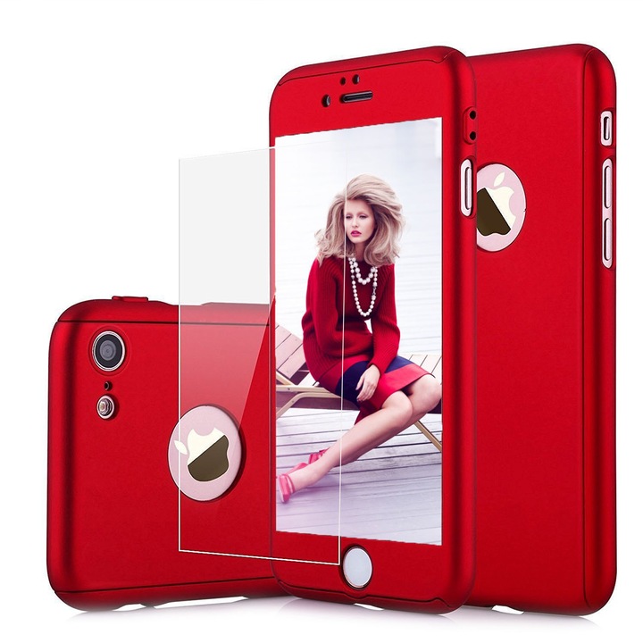 Калъф MyStyle Red за Apple iPhone 7 Plus, пълно покритие на 360 градуса, със защитно фолио
