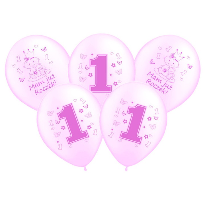 Розови балони с щампа, PartyPro, комплект 5 бр., 14 инча, 36 см